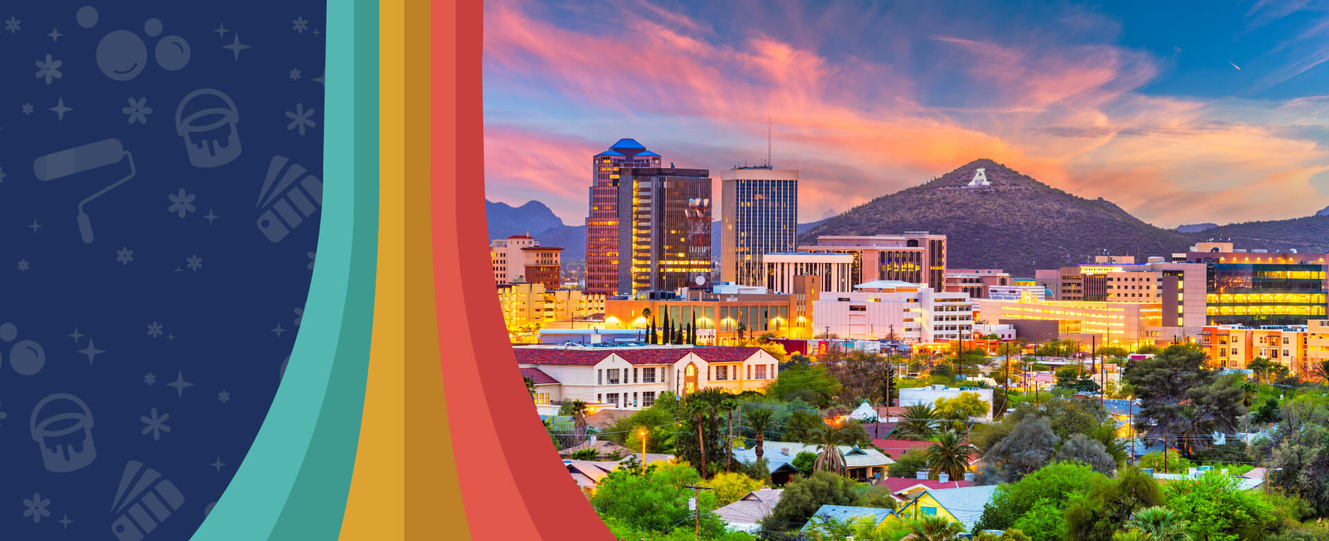 desert scene with buildings mountain and palm trees