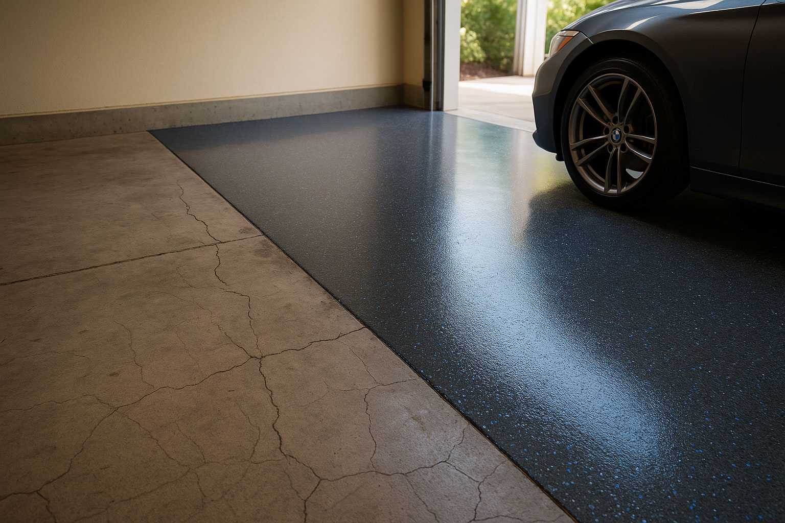A freshly coated garage floor gleams under overhead lighting, showcasing a flawless metallic epoxy finish in deep charcoal gray with subtle blue flecks.